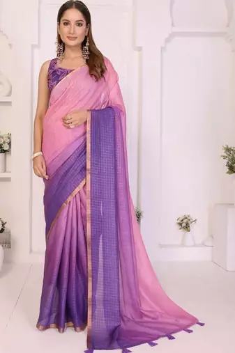 Pink linen striped saree with blouse