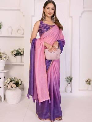 Pink linen striped saree with blouse 4