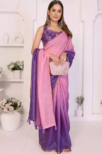Pink linen striped saree with blouse