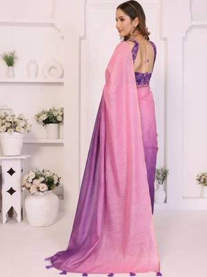 Pink linen striped saree with blouse 5