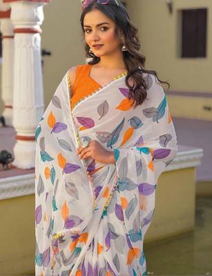 White chiffon printed saree with blouse 4