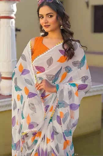 White chiffon printed saree with blouse