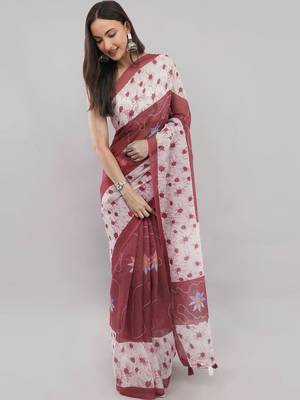 Multicolor linen printed saree with blouse 1