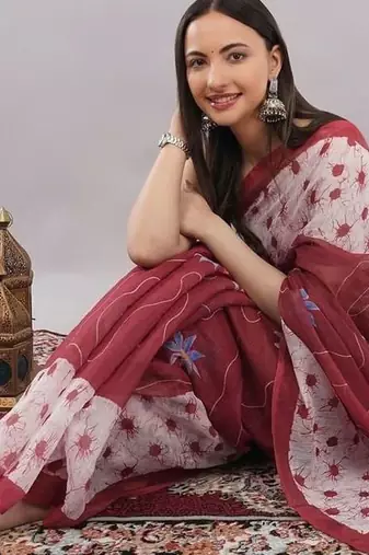 Multicolor linen printed saree with blouse