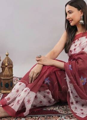 Multicolor linen printed saree with blouse 3