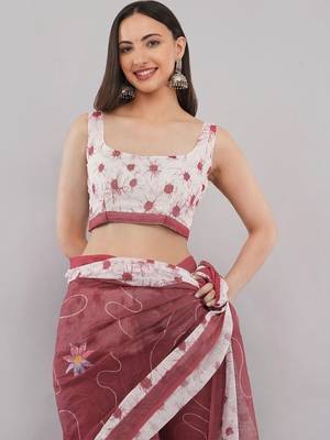 Multicolor linen printed saree with blouse 5