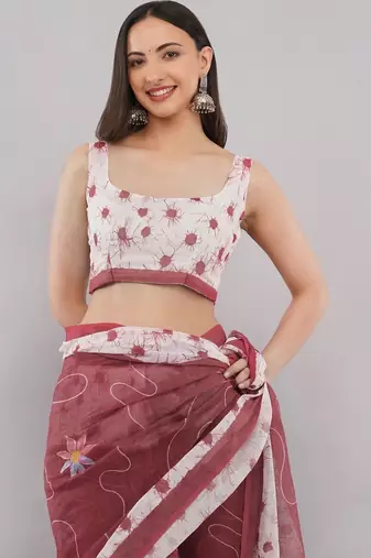 Multicolor linen printed saree with blouse