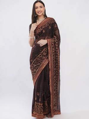 Brown tissue embellished saree with blouse 1