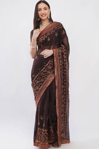 Brown tissue embellished saree with blouse