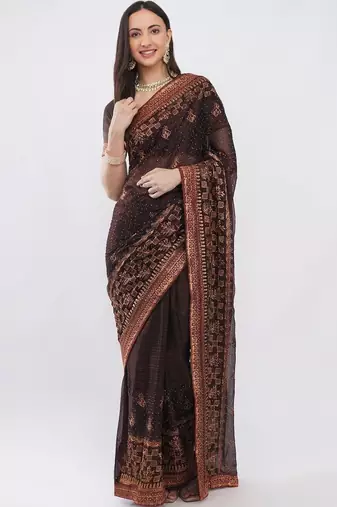Brown tissue embellished saree with blouse