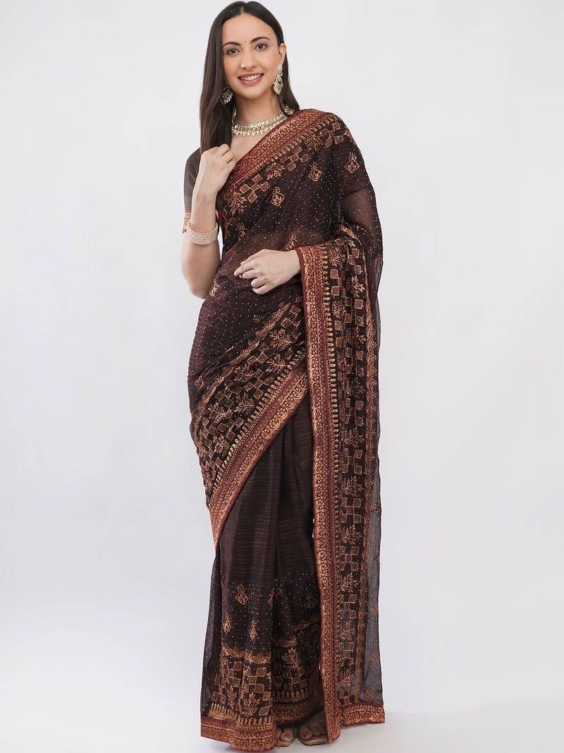 Brown tissue embellished saree with blouse