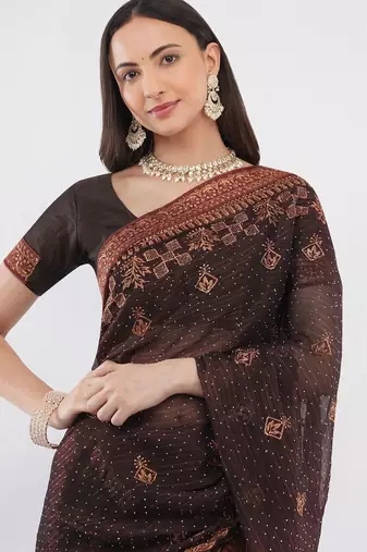 Brown tissue embellished saree with blouse