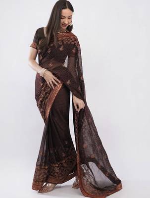 Brown tissue embellished saree with blouse 3