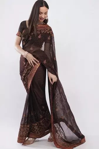 Brown tissue embellished saree with blouse