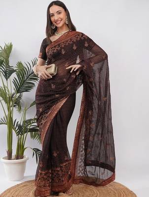 Brown tissue embellished saree with blouse 4