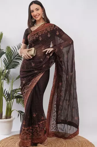 Brown tissue embellished saree with blouse