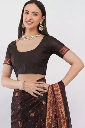 Brown tissue embellished saree with blouse