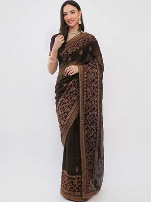 Brown tissue embroidered saree with blouse 1