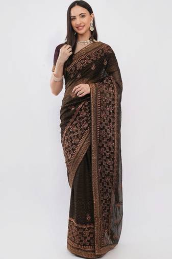 Brown tissue embroidered saree with blouse