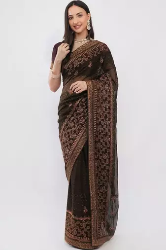 Brown tissue embroidered saree with blouse