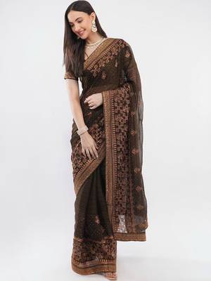 Brown tissue embroidered saree with blouse 2