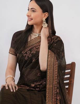 Brown tissue embroidered saree with blouse 3