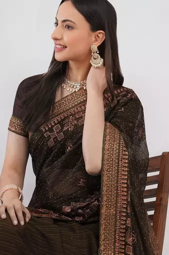 Brown tissue embroidered saree with blouse