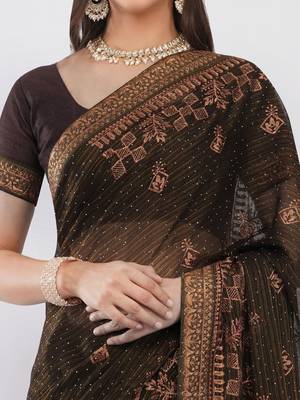 Brown tissue embroidered saree with blouse 4
