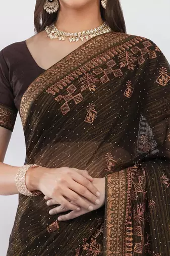 Brown tissue embroidered saree with blouse