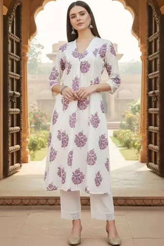 Women Floral Printed Regular Pure Cotton Kurta with Trousers