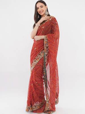 Red georgette embellished saree with blouse 1