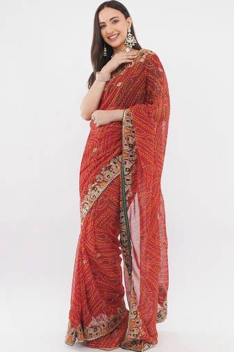 Red georgette embellished saree with blouse