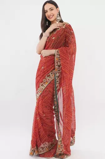 Red georgette embellished saree with blouse