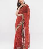 Red georgette embellished saree with blouse