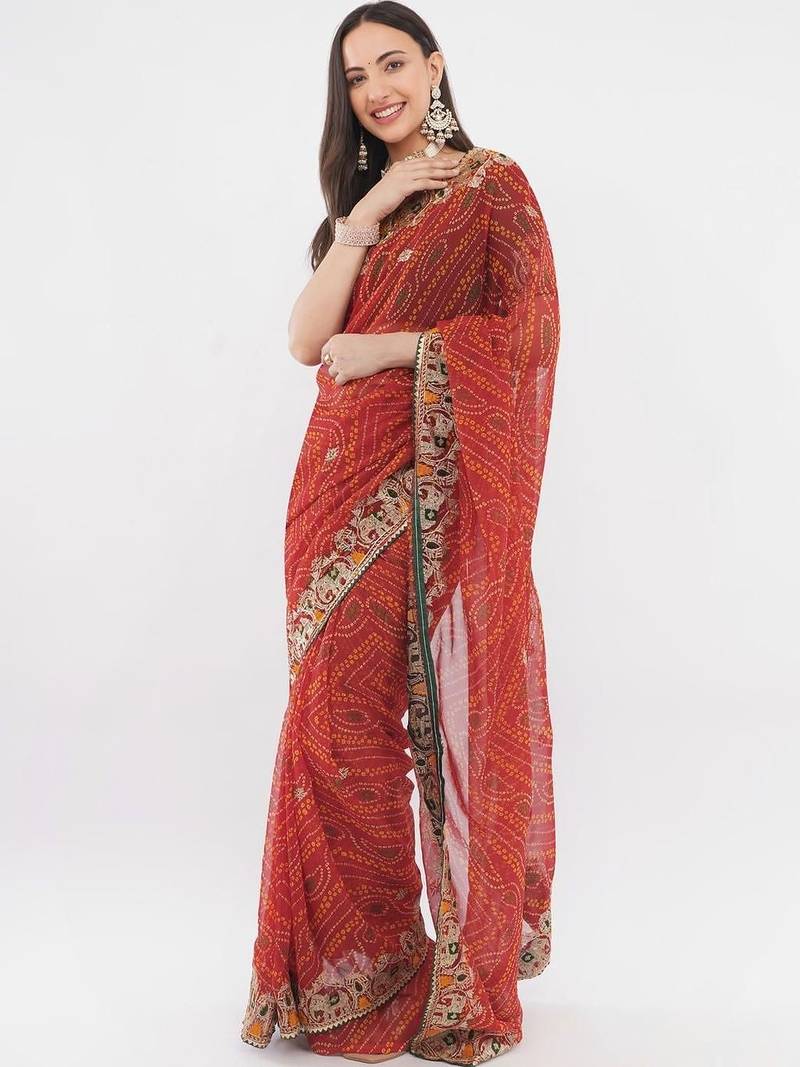 Red georgette embellished saree with blouse