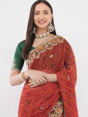 Red georgette embellished saree with blouse 2