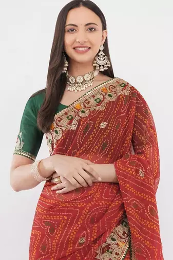 Red georgette embellished saree with blouse