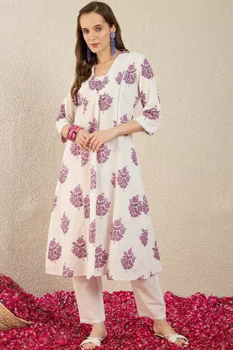 Women Floral Printed Regular Pure Cotton Kurta with Trousers