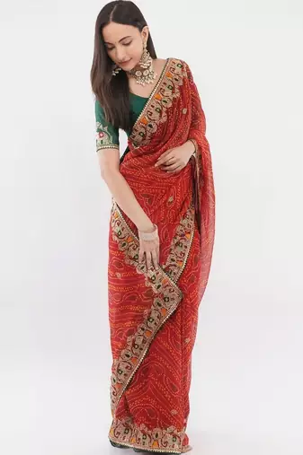 Red georgette embellished saree with blouse
