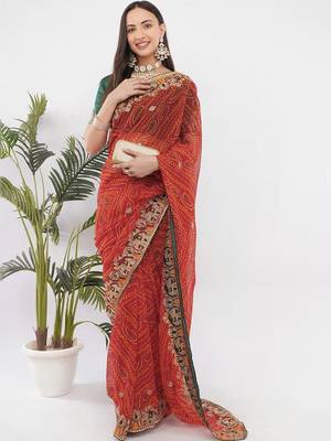 Red georgette embellished saree with blouse 4