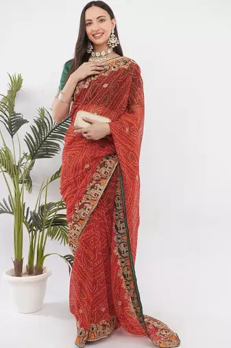 Red georgette embellished saree with blouse