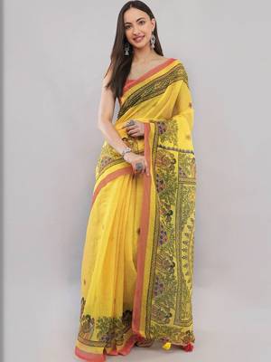 Yellow linen printed saree with blouse 1