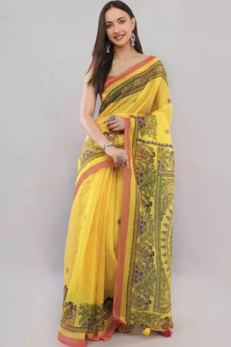 Yellow linen printed saree with blouse