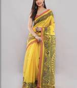 Yellow linen printed saree with blouse