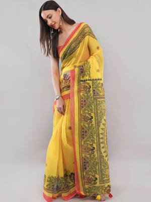 Yellow linen printed saree with blouse 2