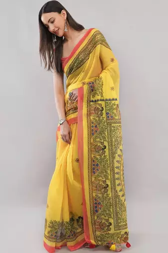 Yellow linen printed saree with blouse
