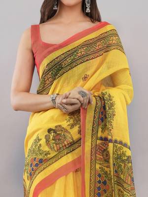 Yellow linen printed saree with blouse 3