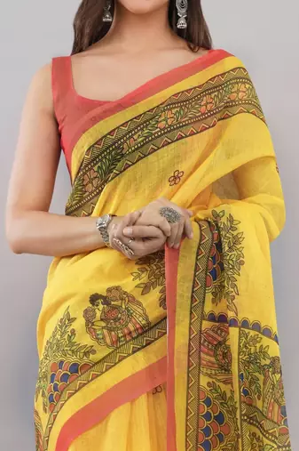 Yellow linen printed saree with blouse
