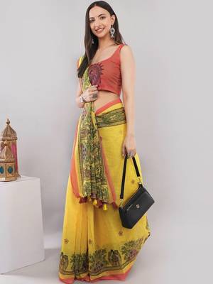 Yellow linen printed saree with blouse 4