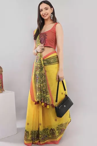 Yellow linen printed saree with blouse